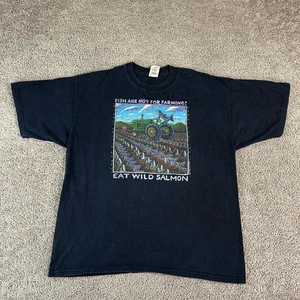 Eat Wild Salmon Shirt Mens XL Black Ray Troll 2003 Fish Farming Graphic Tee - Picture 1 of 12