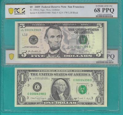 $1 and $5 2X Matching LOW Serial Number 4 Digit 00004398 PCGS Graded 68/64PPQ - Image 1 of 2