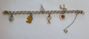Vtg Jacoby Bender Sterling Silver Triple Link Charm Bracelet - 6 charms- 7.5" - Picture 1 of 8