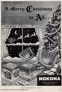 1955 Nikon Baseball Gloves Christmas Tree Santa Claus Display Box Print Ad - Picture 1 of 2