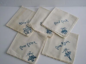 5 Table Napkins Hand Embroidered Personalized Teal Blue & Cream  VG Grannycore - Picture 1 of 5