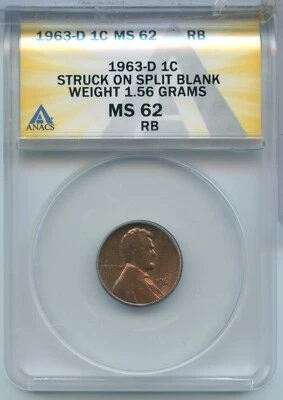 1963-D Lincoln Memorial Cent Error Struck On Split Blank ANACS MS62RB - SS998 - Image 1 of 3
