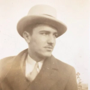 Vintage 1930s Handsome Gangster Candid Snapshot Photo Hat Suit Pencil Mustache - Picture 1 of 5