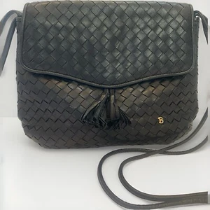 Vtg BALLY Black Woven Leather Braided Tassel Shoulder Handbag Crossbody Purse - Picture 1 of 16