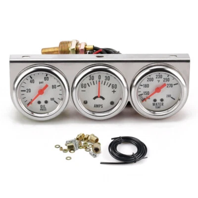Universal 2'' 52mm Chrome Volt Water Oil Pressure Triple 3 Gauge Set Gauges Kit - Image 1 of 4
