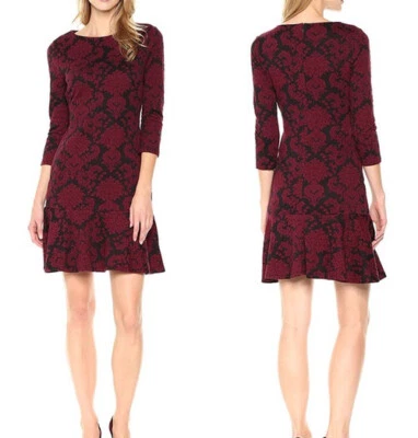 New $148 Ivanka Trump Dress Size 14 Damask Ruffle Flounce Hem 3/4 Sleeve Knit - Image 1 of 4