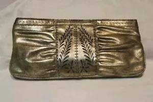 Antonio Melani Gold Leather Clutch Purse Evening Bag. Laser Cut Metallic Look - Picture 1 of 15