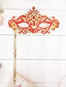 Red Crystal Masquerade Mask with Stick, Gold Masquerade Mask, Wedding Party Mask - Picture 1 of 7