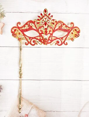 Red Crystal Masquerade Mask with Stick, Gold Masquerade Mask, Wedding Party Mask - Image 1 of 4