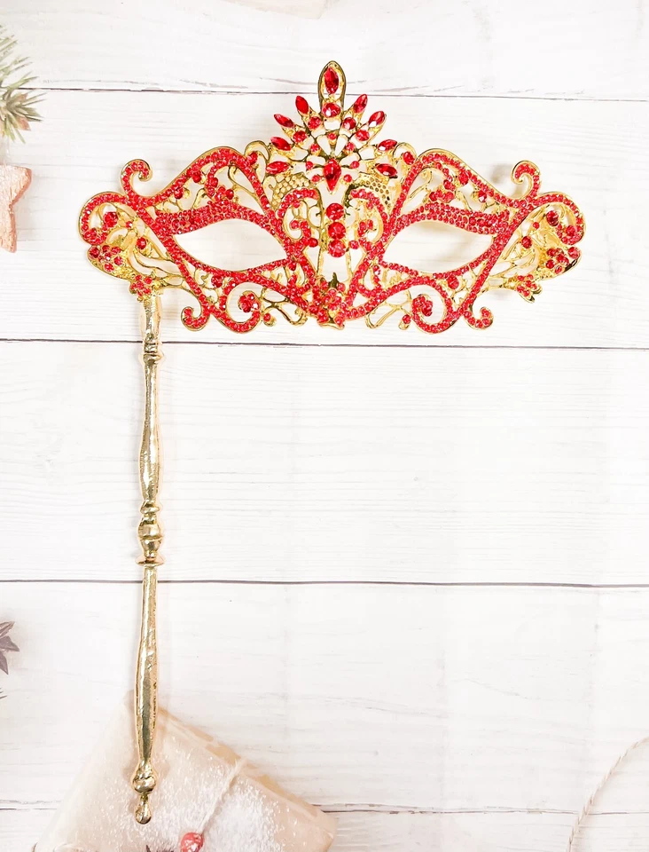 Red Crystal Masquerade Mask with Stick, Gold Masquerade Mask, Wedding Party Mask - Image 1 of 4