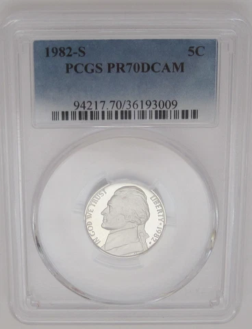 1982-S Jefferson Nickel PCGS PR70 DCAM - DEEP CAMEO PROOF w/ Strong Strike Cover