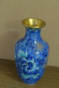 Vaso cloisonné cinese vintage peonia floreale 8" smalto blu su metallo ottone - Foto 1 di 8