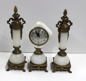 Rare Vintage Marble Tower Table Clock with Pair of French Marble Cassolet - Picture 1 of 4