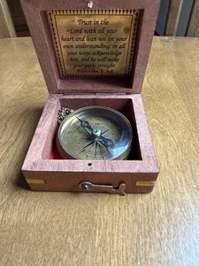 Brass Engraved Compass Aged “Trust In The Lord” Psalms 3:5-6 - Wooden Gift Box - Picture 1 of 5