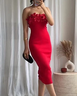 NWT ZARA Strapless Floral Knit Midi Dress Red 3920/720 Size M - Image 1 of 4