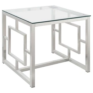 Coaster Furniture Cairns End Table with Glass Top and Geometric Motif Nickel ... - Picture 1 of 3