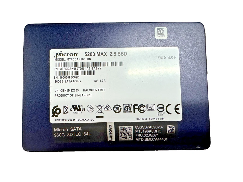 MICRON 5200 ECO 960GB SATA 6Gbps 2.5" internal SSD MTFDDAK960TDC Lenovo 02JG071 - Image 1 of 1