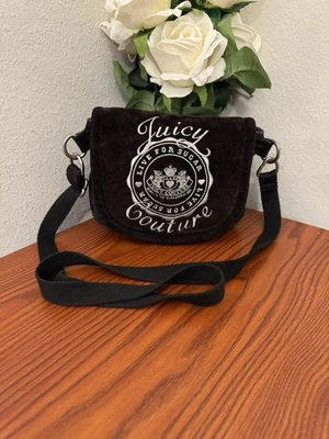 Vintage Juicy Couture Black Velour Crossbody Bag Purse Bow Charm Logo Rare Y2K - Image 1 of 4
