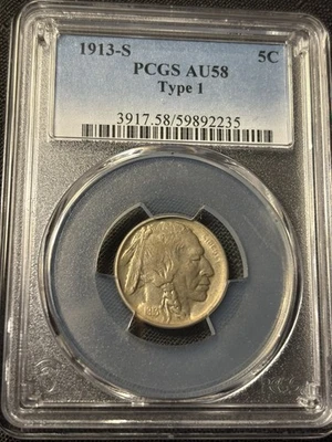 1913-S Buffalo Nickel Type 1 PCGS AU58 – Scarce Key Date, Lustrous & Sharp - Image 1 of 4