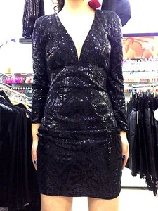 CHIC SEXY ROBE FEMME MOULANTE NOIR EN SEQUIN TAILLE UNIQUE MANCHE LONGUE - Picture 1 of 2