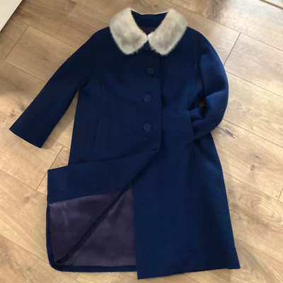 1950-60's EUC Vintage FORSTMANN Blue Wool Fur Collar Coat Size M Mob Boss Wife - Image 1 of 4