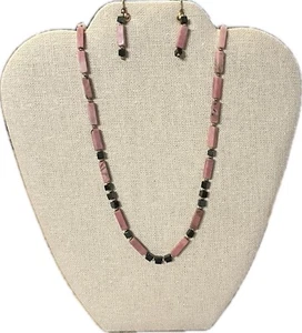 Pink Rhodonite With Hematite Accent 21” Necklace & Matching 14K Clip On Earrings - Picture 1 of 8