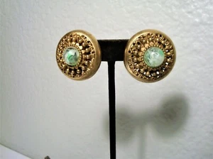 Vintage G.P. L.BERNARD CLIP-ON EARRINGS Green & White Glass Marble Shield Style - Picture 1 of 4