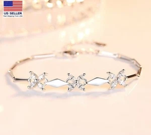 Women 925 Sterling Silver Wrist Cubic Zirconia Lucky Flowers Clover Bracelet CZ - Picture 1 of 4