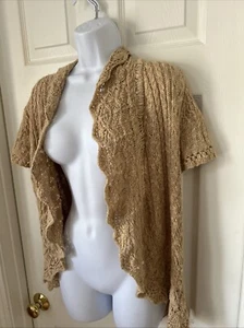 Cárdigan Suéter Lauren Ralph Lauren Exclusivo Tejido a Mano Crochet Tostado Mezcla de Lino M - Imagen 1 de 7