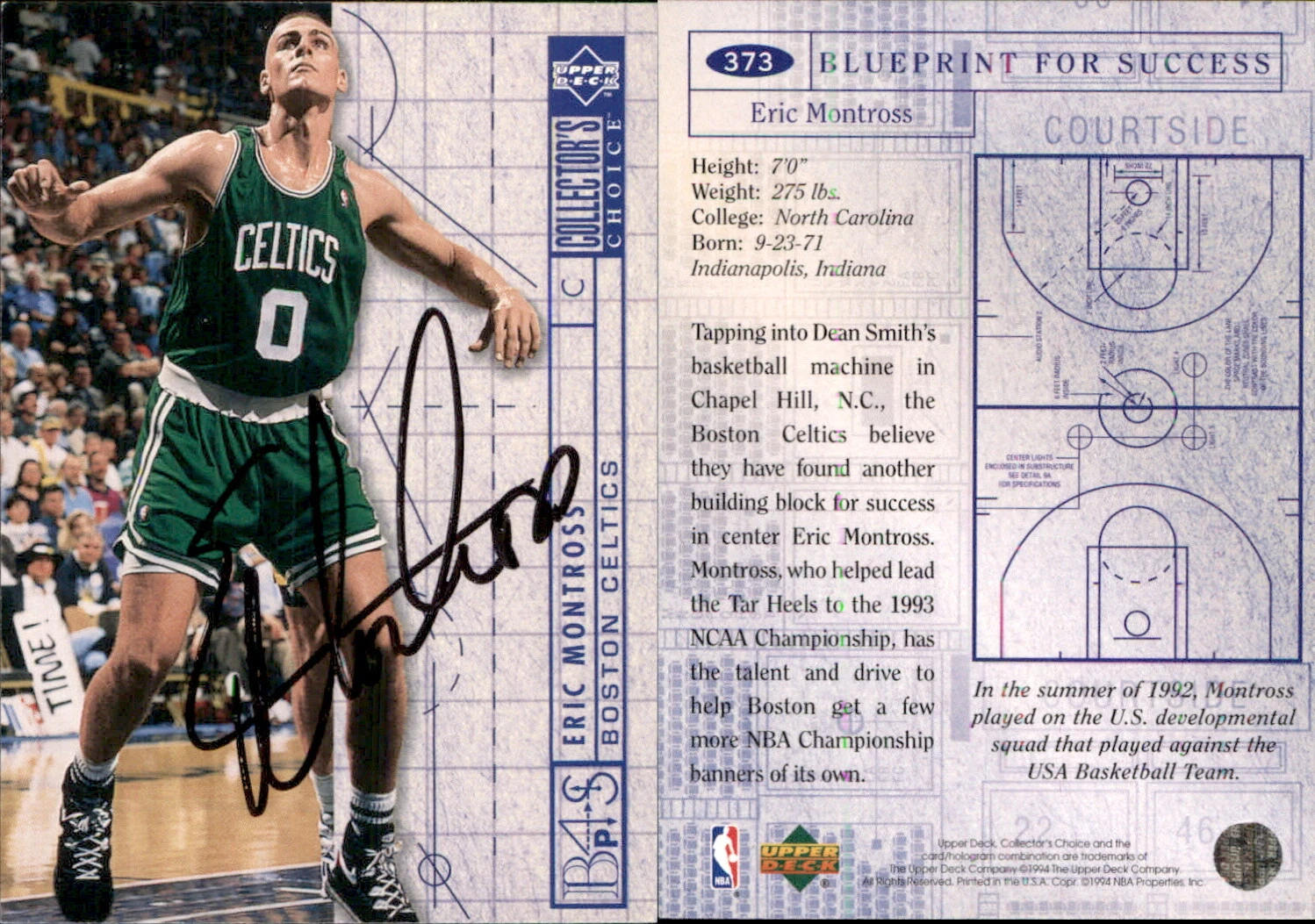 Eric Montross Signed 1994-95 Collector's Choice #373 Card Boston Celtics Auto AU