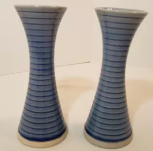 Estate Tall Candlesticks, Ribbed Blue Crackled, Thailand, Set Of 2, 9" Tall - Picture 1 of 4