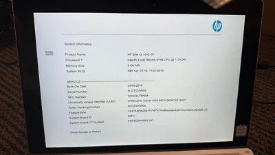 HP Elite x2 1012 G1 Core M5 6Y54 1.1GHz 8GB RAM NO HDD / OS 13" Tablet FOR PARTS - Image 1 of 4