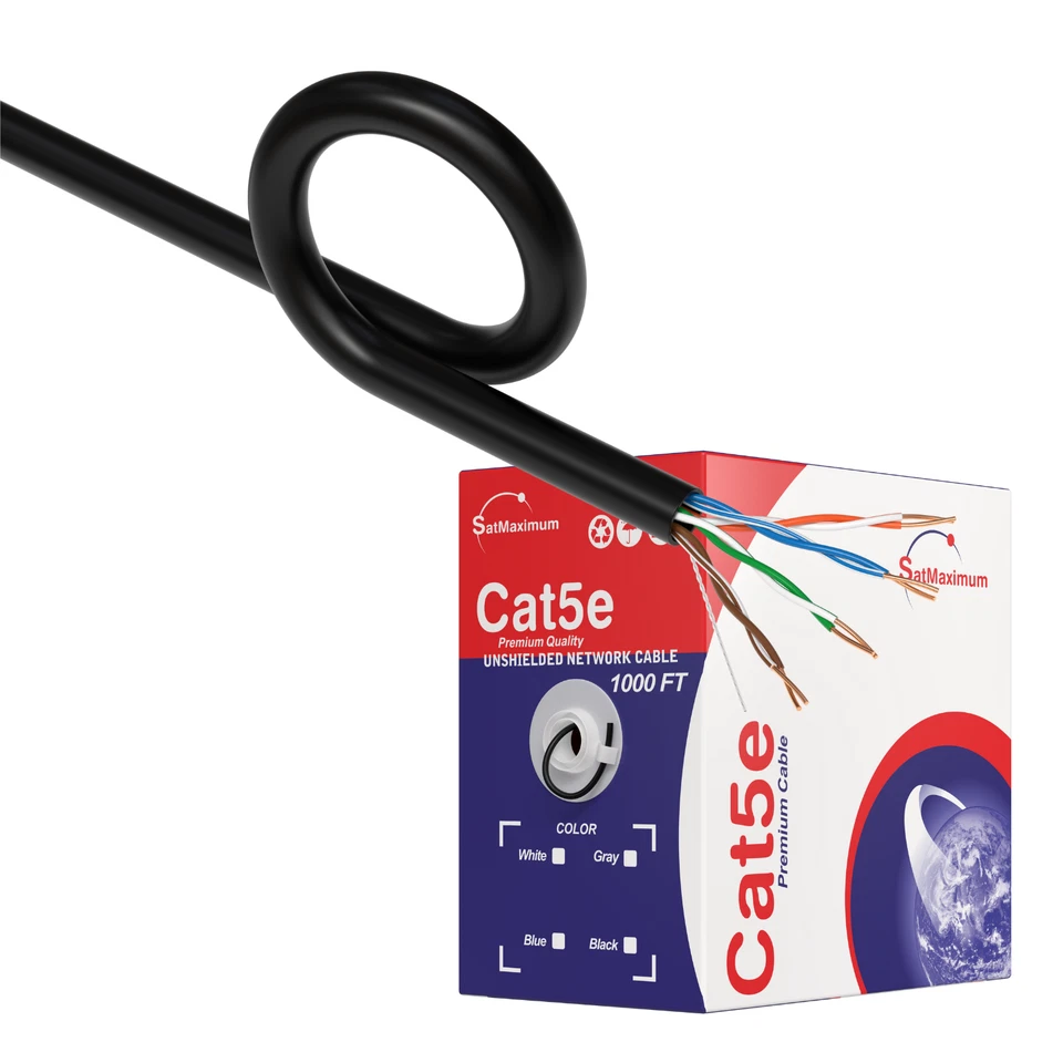 Cat5e 1000ft cable UTP Solid Black LAN Network Ethernet RJ45 Bulk CAT5 24 AWG - Image 1 of 4