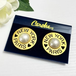 Carolee Vintage NEW YORK PARIS Pearl Cabochon Gold Clip Earrings - Picture 1 of 9