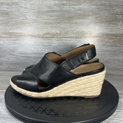 Vionic Women’s Zamar Wedge Espadrille Black Leather Open Toe Sandals Size 7.5 - Image 1 of 4