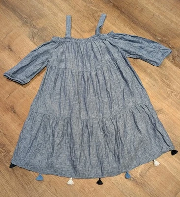 Vestido Vineyard Vines para mujer medio azul lino fuera del hombro borlas de playa Foto 1 de 4