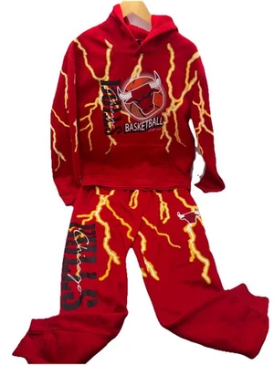 Chicago Bulls 2 件套套装尺寸大号运动裤连帽衫红色带闪电乔丹 — 第 1/4 张图片