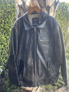 Vintage 90s GAP Distressed Black Leather Jacket Sherpa Lining Men's Size XL - Picture 1 of 9