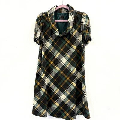 复古风格 JH 格子法兰绒连衣裙 L 码黑色绿色袖口圆领 — 第 1/4 张图片