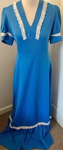 Vintage 1970s Blue Prairie Boho Style Maxi Dress With Lace Detail - Size 12 - Picture 1 of 17