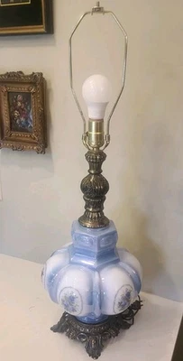 Rare Vintage Table Lamp Double Bubble Blue Floral Carl Falkenstein* Handpainted  - Image 1 of 4
