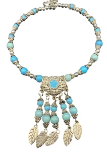 Faux Turquoise Beads Necklace Tibetan Silver Leaves Tribal Lady's Torque 14-17" - Picture 1 of 8