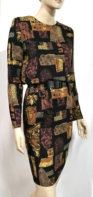 复古 70 年代 80 年代 9/10 All That Jazz Blouson Wiggle 连衣裙 复古抽象波西米亚 S/XS — 第 1/4 张图片