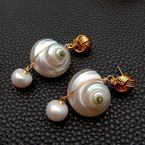 Cultured White Pearl Natural White Sea Shell Dangle Stud Earrings - Picture 1 of 6