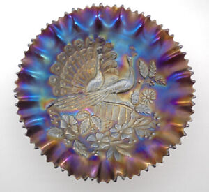 Vintage Northwood Carnival Glass Peacock Crimped Edge Iridescent  Bowl 