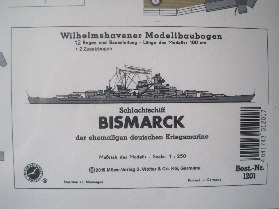 Bismarck Schlachtschiff Wilhelmshavener Modellbaubogen Bastelbogen Kartonmodell - Bild 1 von 1