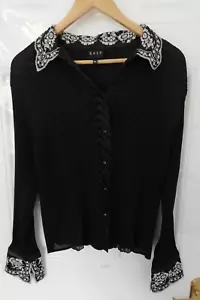 East M/L Shirt Blouse Top Black White Crinkle Button Up Embroidered Collar Cuffs - Picture 1 of 9