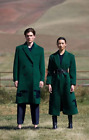 Unisex Green Wool Trench Coat Horse Embroidered Wedding Fall Winter Overcoat Set