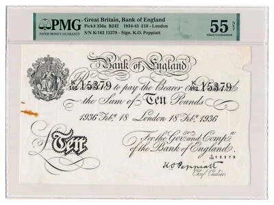 GREAT BRITAIN banknote 10 Pounds 18.12.1936 London PMG AU 55 ORIGINAL !!! - Image 1 of 4