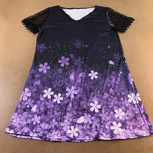 Women's Size XL Black Purple Floral Print Short Sleeve V Neck A Line Dress New - Picture 1 of 8